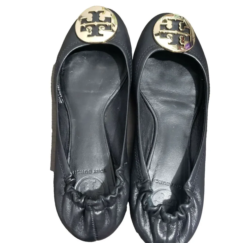 Tory Burch Black Flat Shoes Gold Logo 8M